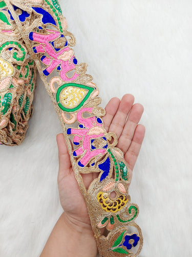 Cutwork Lace Trim With Intricate Hand Embroidered Elephants In Pink and Zardozi Embroidery, Floral Trims, Sari Border